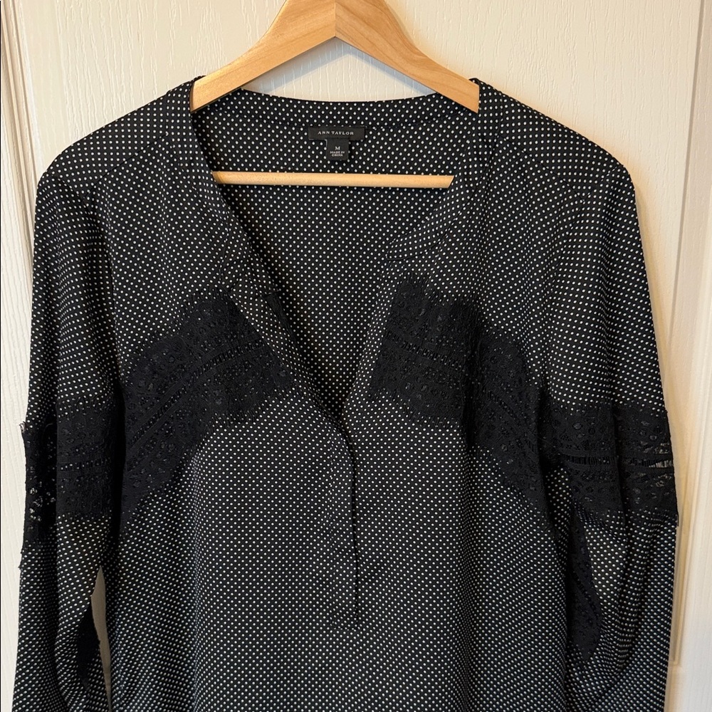 Ann Taylor Black Blouse with White Dots